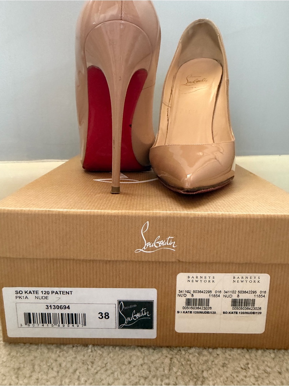 Christian Louboutin Nude Patent Pointed-Toe Stilettos with Red Soles